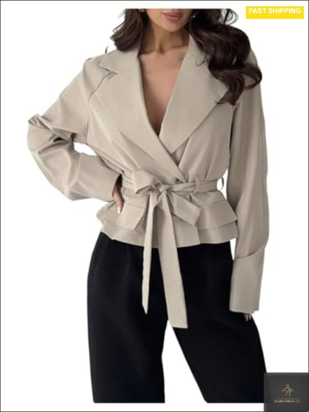 Womens Trench Coat Notch Lapel Double Breasted Long Sleeve Polyester Fall